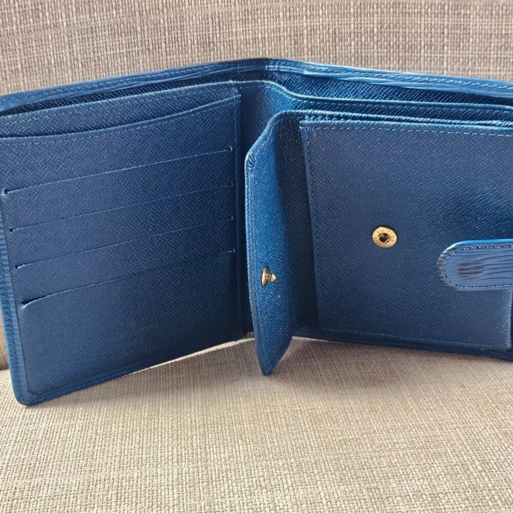 Louis Vuitton Wallet Card Holder Blue Leather Bifold Purse Made in Spain - Picture 4 of 13